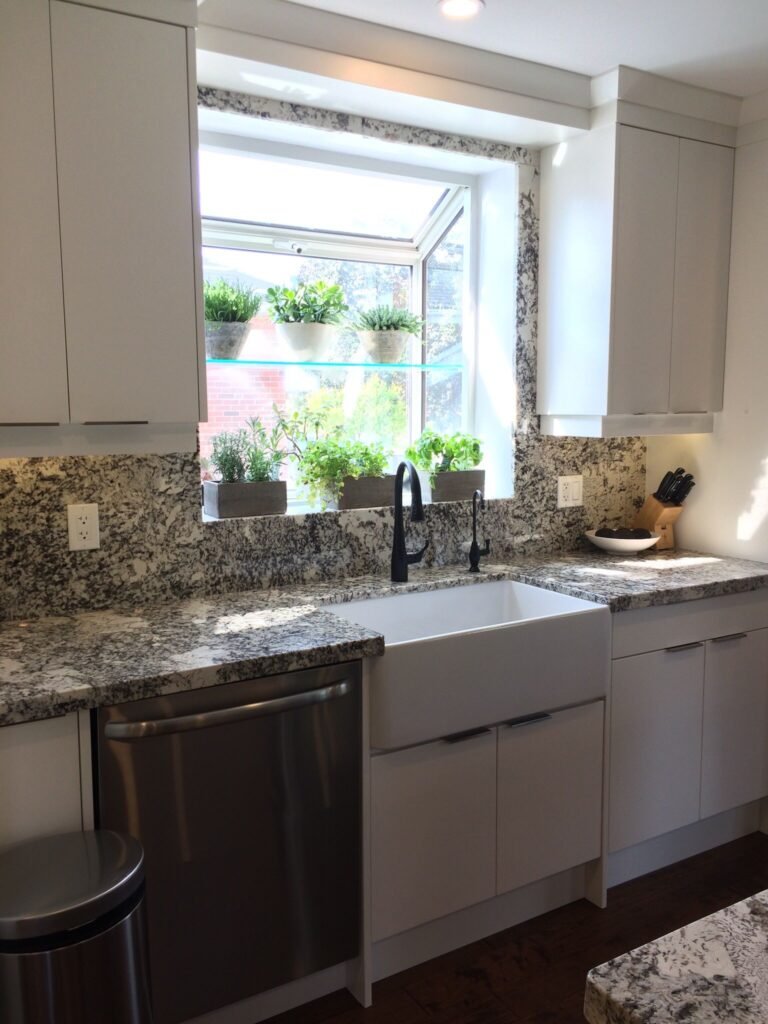 HB Renovations open shelving kitchen renovation — floating natural wood shelves beige subway tile backsplash white shaker cabinets granite countertop stainless appliances